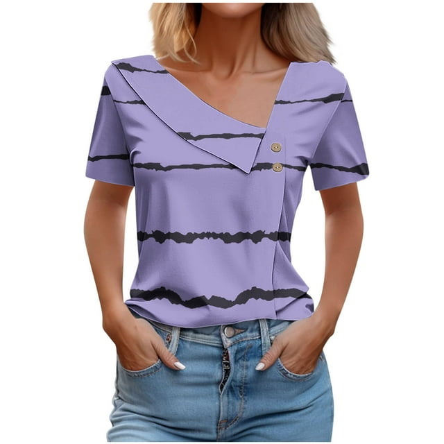 Tops de Algodón para Mujeres Cuello en V Casual de Manga Corta, Imitación Algodón Primavera Y Blusa de Verano