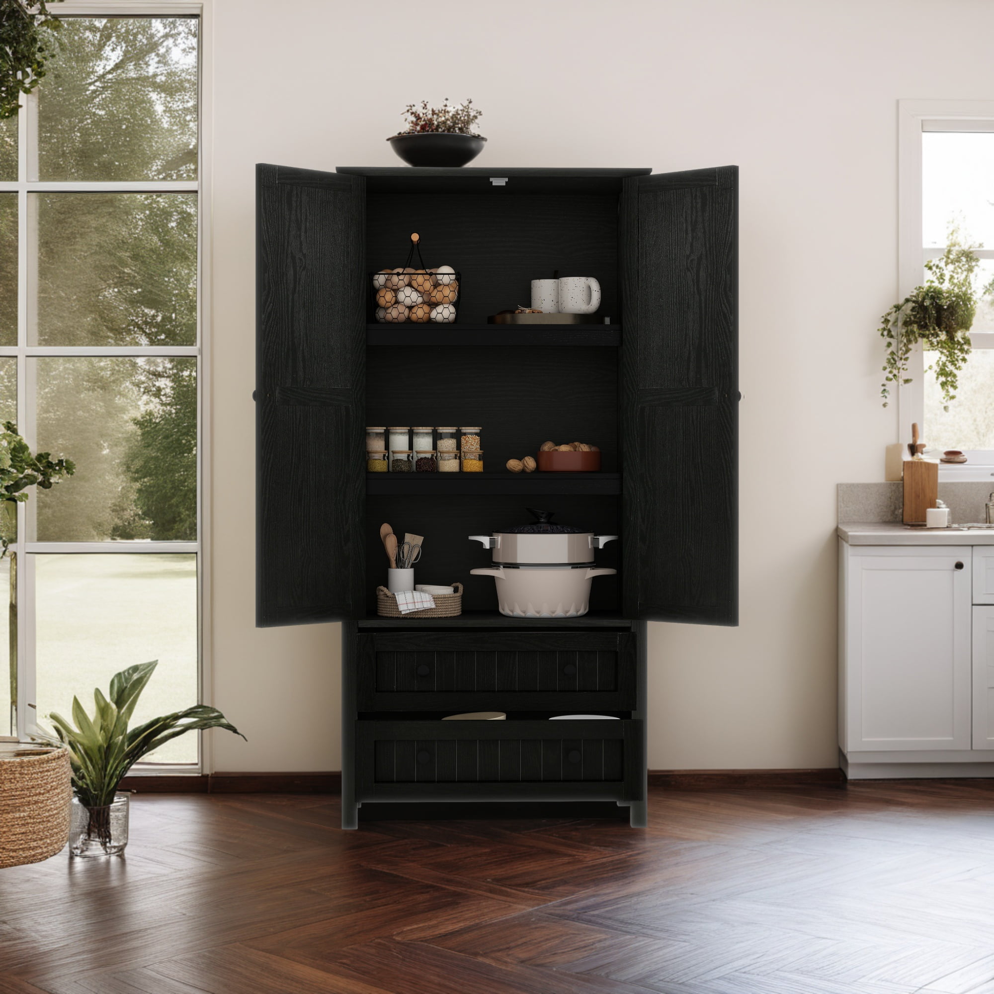 Uforic Kitchen Pantry Storage Cabinet with Drawers & Shelves, Farmhouse Kitchen Furniture, Black