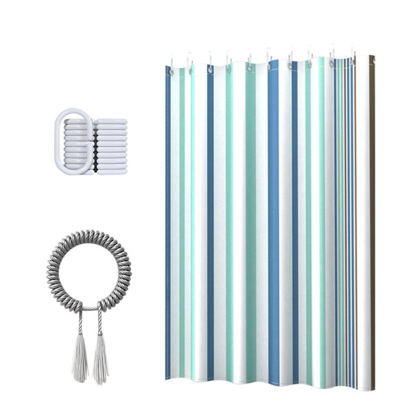 Cortina de ducha de rayas azules para baño, 183 x 183 cm, tela gruesa con ojales y ganchos, 100 % resistente al agua, fácil de limpiar.