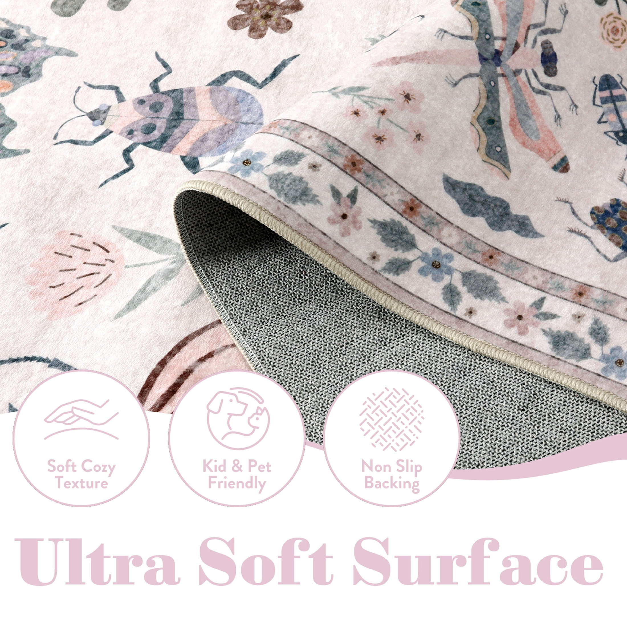 Moynesa Insect 6'x9' Area Rugs Washable Rug for Living Room Soft Natural Girls Bedroom Rug Large Bug Accent Carpet for Dining Room Sunroom Playroom Stain Resistant Non Slip, Pink