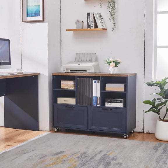 40" Lateral File Cabinet,Farmhouse Wood Small Home Office Storage with Wheels,Filing Cabinet with 2 Drawers for Legal/Letter/ A4 Size (Blue)