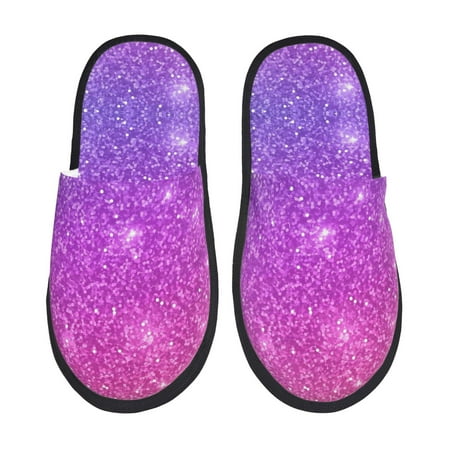 Balery Pink Purple Glitter Slient Indoor Furry Fleece Comfort House Shoes Soft Non-Slip Home Shoes Cotton slippers House Slippers-- Large