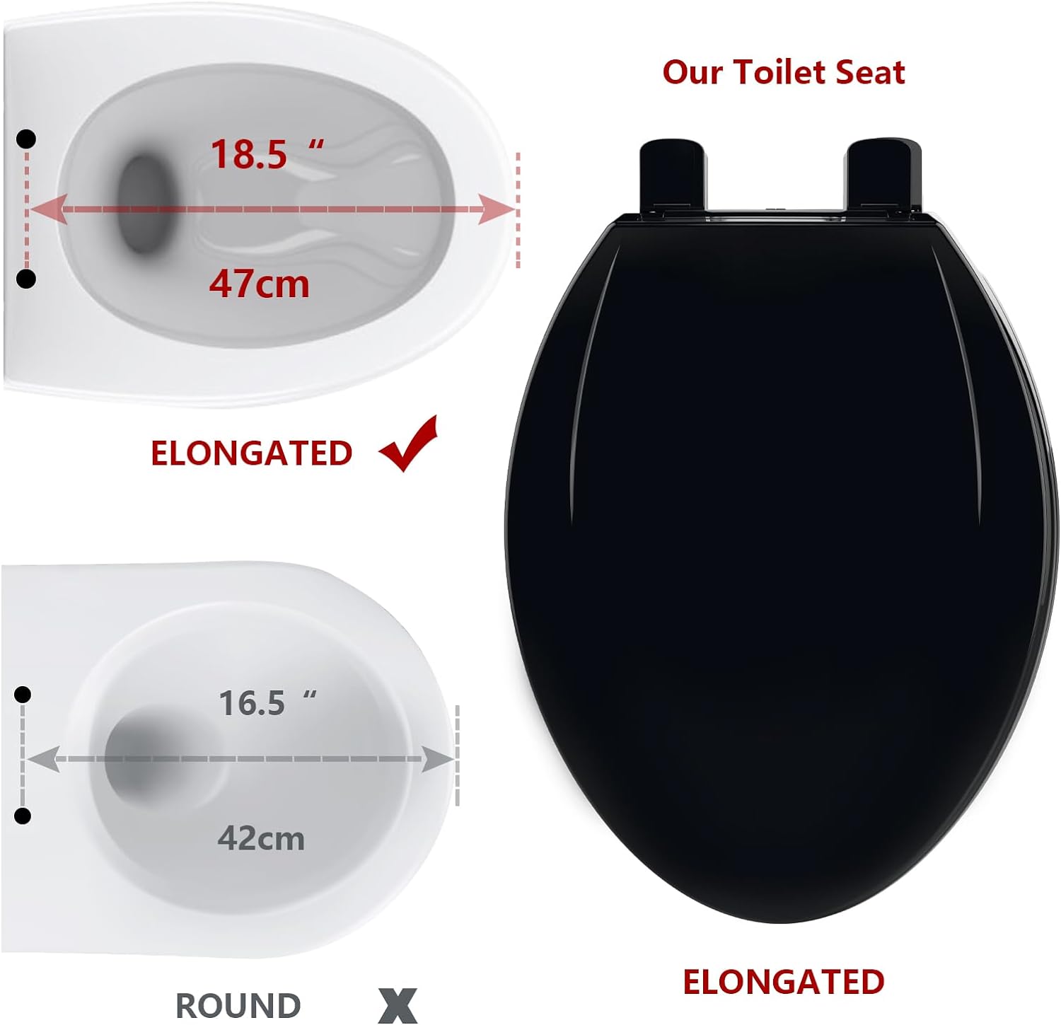 M optimized Toilet Seat, Plastic Toilet Seat With Soft Close, Never Loosen, Easy Clean, 17inch / 19inch Round Toilet Seat, Elongated Toilet Seat