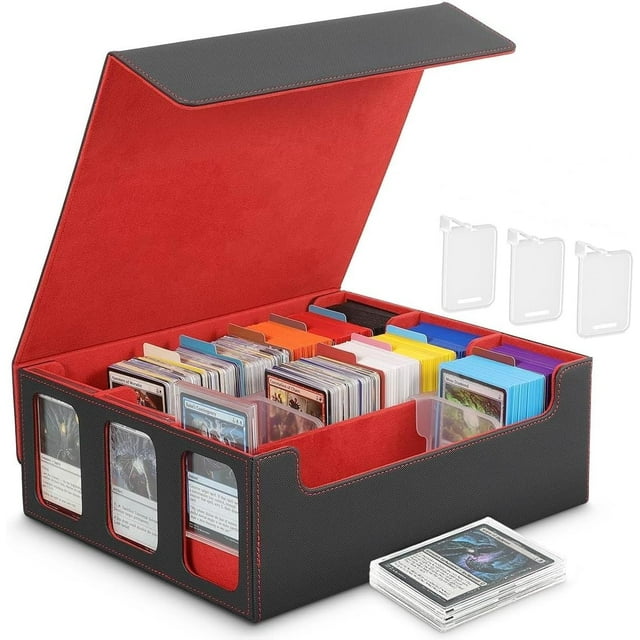 Wexlerey Card Storage Box for Trading Cards with Display Windows,PU Leather Magnetic Closure 2300 Mtg Deck Box with 10 Colorful Divider Tabs,4 Movable Partitions for Magi
