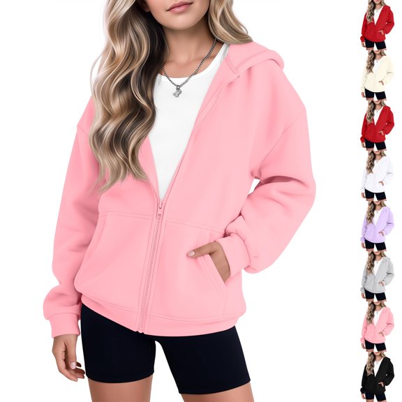 Resicozy Girls Zip-up Hoodie Light Jackets with Pockets, Long Sleeve Sweatshirt for Kids, Fashion Casual Youth Fall Clothes 2-13 Years Pink 130