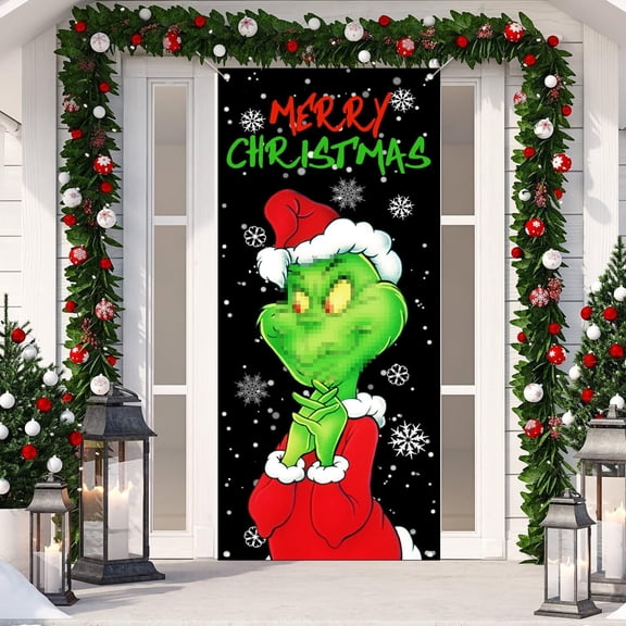 Christmas Door Cover, Snowflake Black Background, Porch Logo, Indoor Outdoor Front Door Party Supplies, 29.5x71 Inches