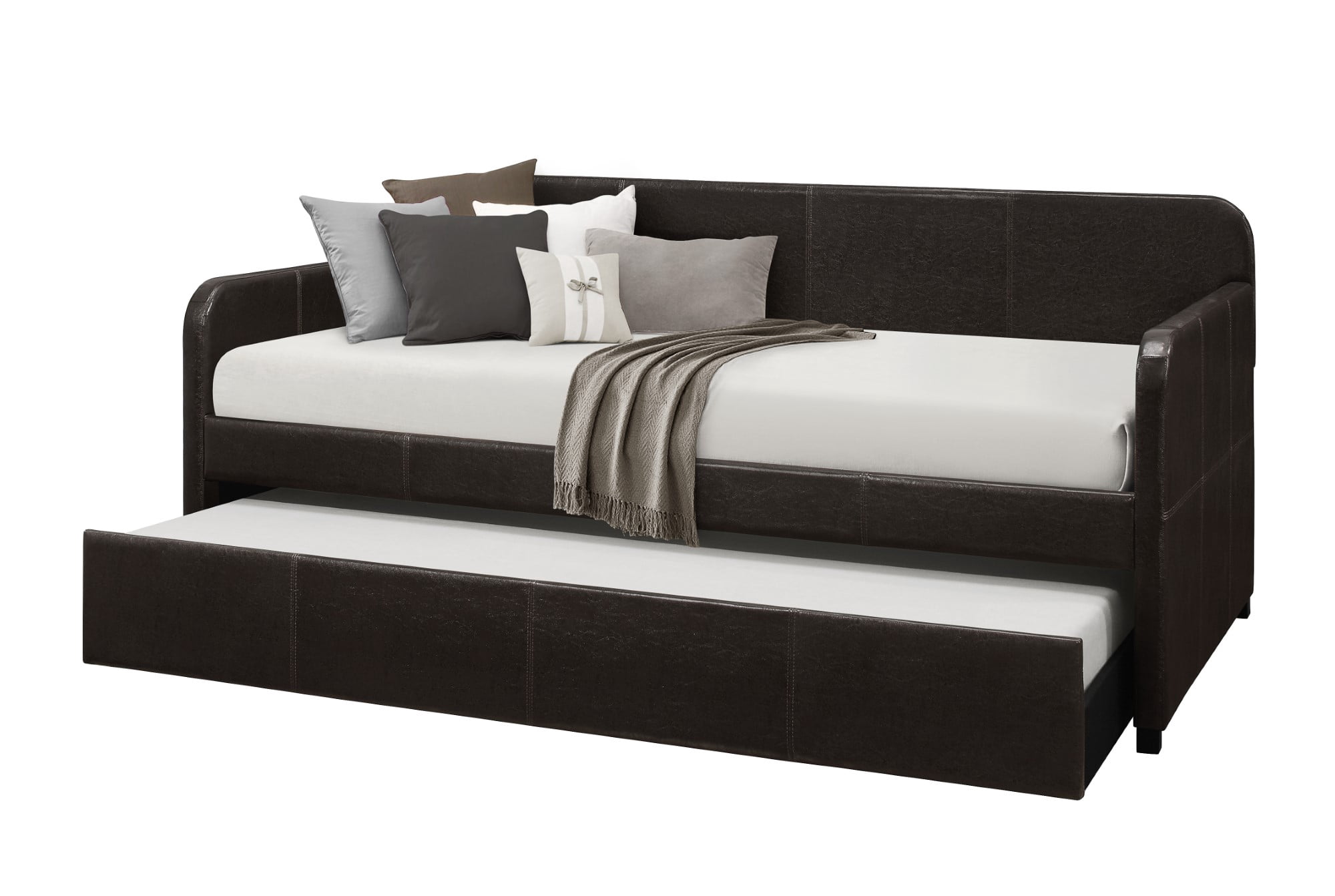 Home Design Tiara Twin Daybed with Upholstered Frame and Pull-Out Trundle, Casual Design for Bedroom and Guestroom, Dark Brown