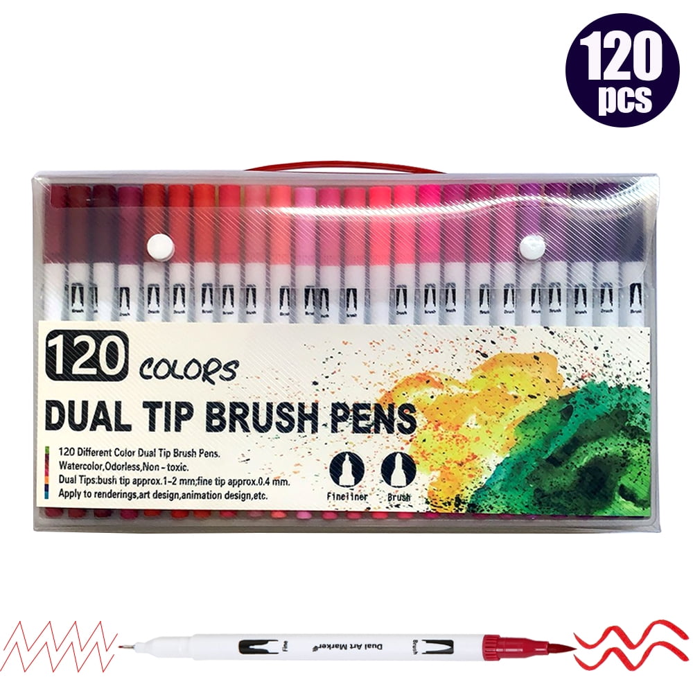 120 Colors Dual Brush Pens Art Markers Set Flexible Brush & 0.4mm Fineliner Tips Watercolor