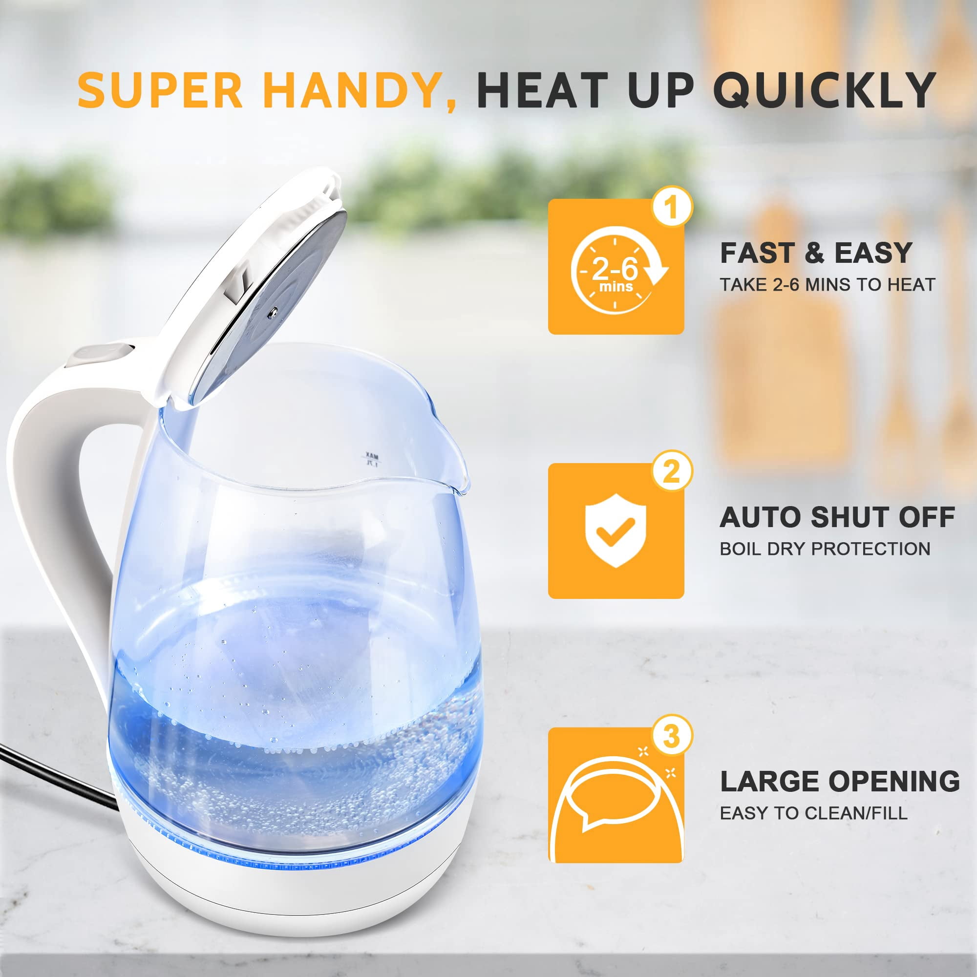 Electric Kettle, 1.7L Tea Kettle & Hot Water Boiler for Coffee & Tea, Water Heater & Teapot, Automatic Shut Off, Borosilicate Glass, White, 1200W
