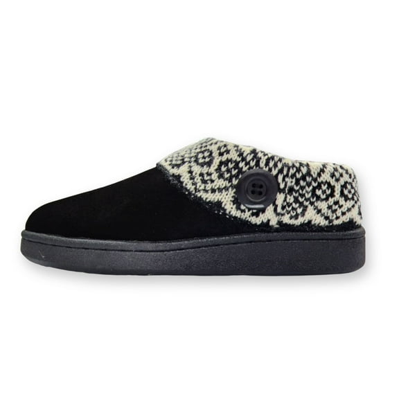 Clarks Women's Knitted Sweater Collar Suede Slippers - Faux Fur Linning Indoor/Outdoor TPR Outsoles & Cushioned Footbed (Black Suede Holiday Collar, 6)