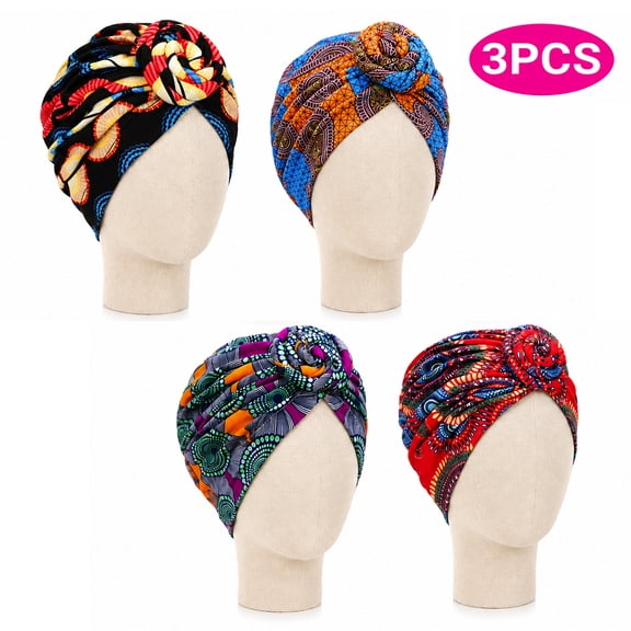 African Head wrap Headbands for Women Turbans Hair Wraps Headband Pre-Tied Pattern Bonnet Turban Knot Beanie Cover Head wrap Hat 4 PCS