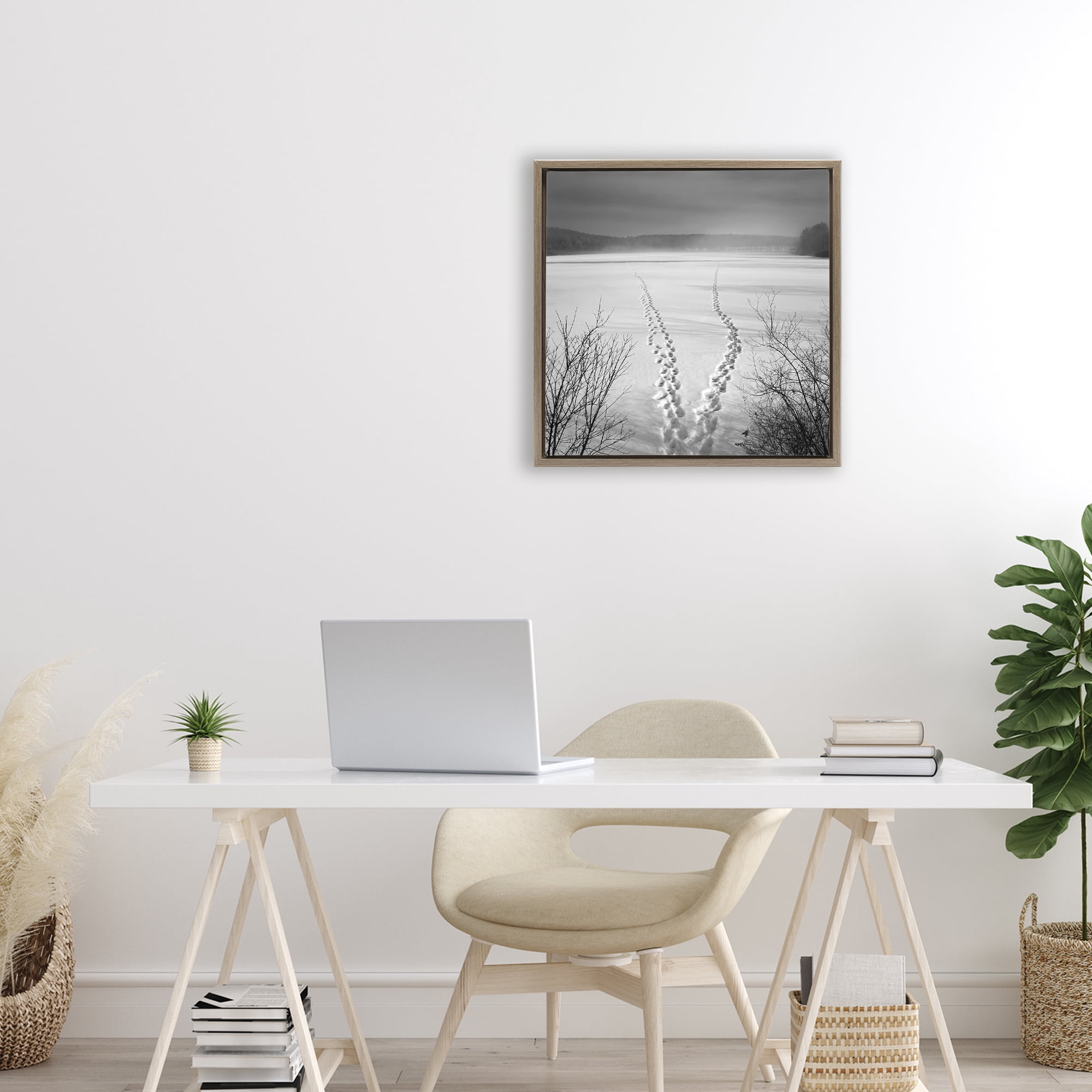 Stupell Industries Snowstep Tracks Across Frozen Lakes Brown Framed Floater Canvas Wall Art, design by Chip Forelli