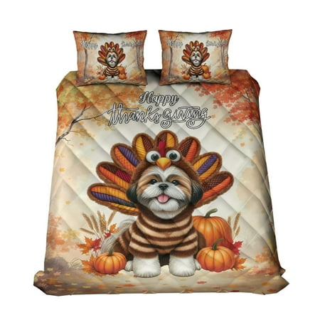 Happy Thanksgiving Shih Tzu Turkey Costume Pumpkins Autumn Leaves Quilt Bedding Set Lion Dog Lover Gifts 1 Blanket Bed Cover 2 Pillowcases - 130144
