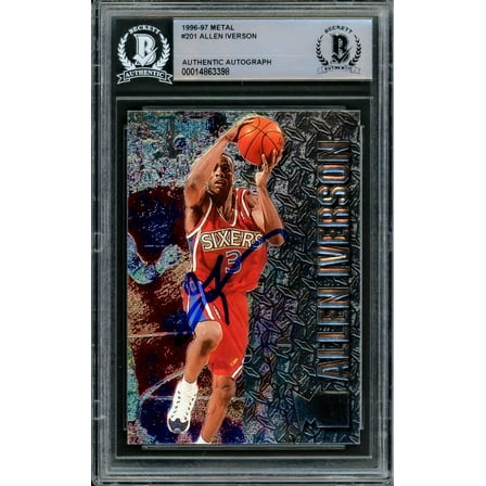 Allen Iverson Autographed 1996-97 Fleer Metal Rookie Card #201 Philadelphia 76ers Beckett BAS 209782