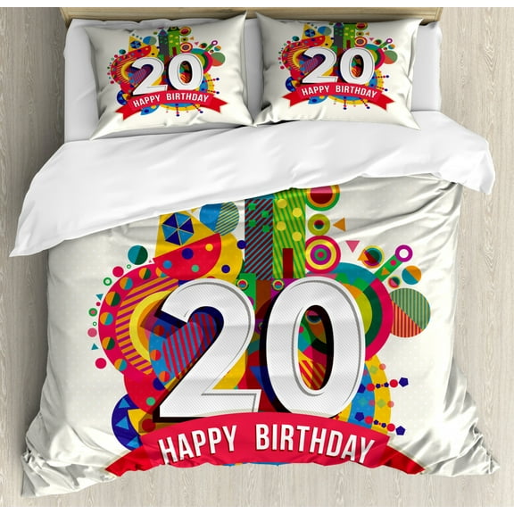 20th Birthday Duvet Cover Set King Size, Geometric Shapes Design with Castle Circles on Backdrop Sweet 20 Theme Image, Decorative 3 Piece Bedding Set with 2 Pillow Shams, Multicolor, by Ambesonne