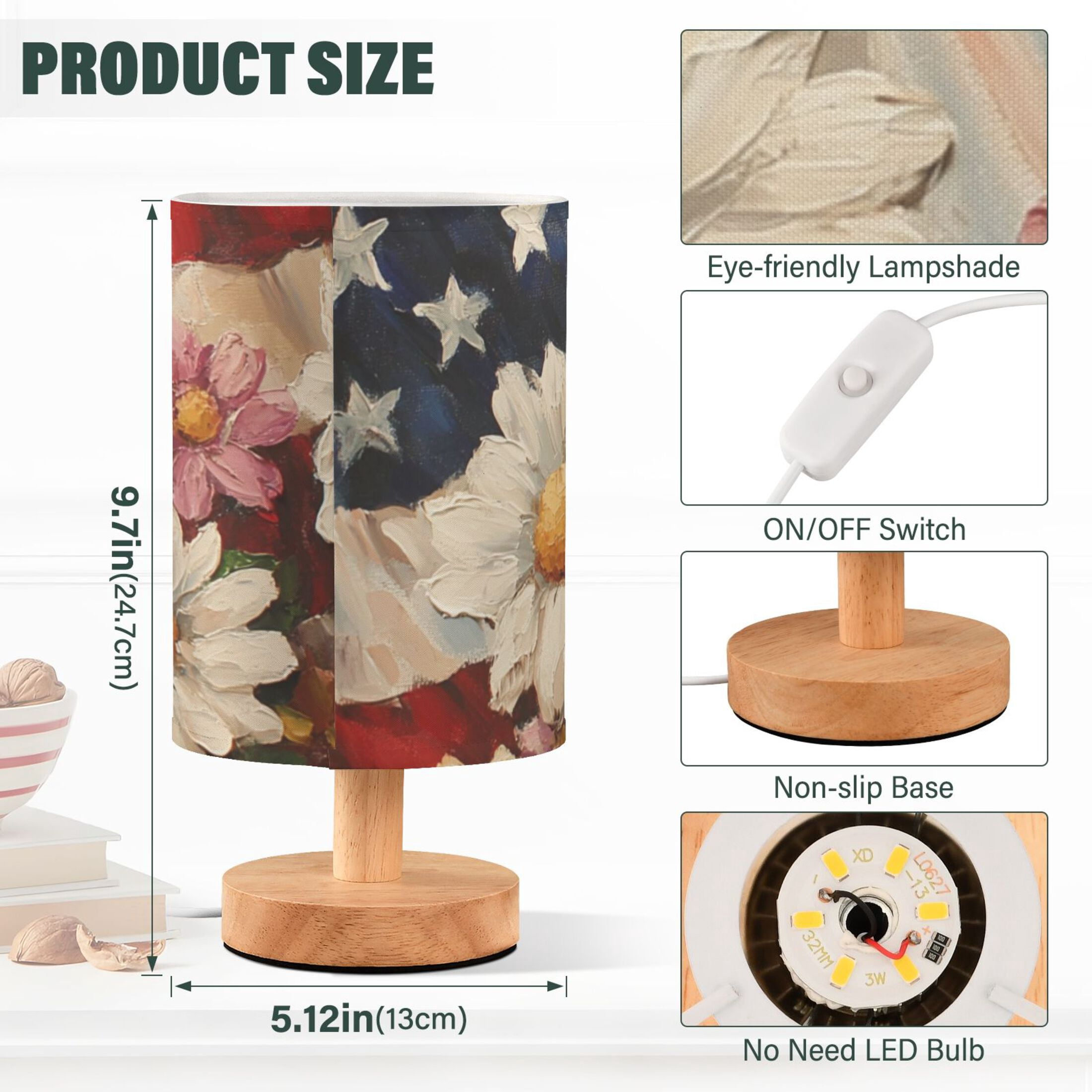 Flag and Flowers Oil Painting Table Lamp with USB Port LED Warm Light Lamp Night Light Home Decor