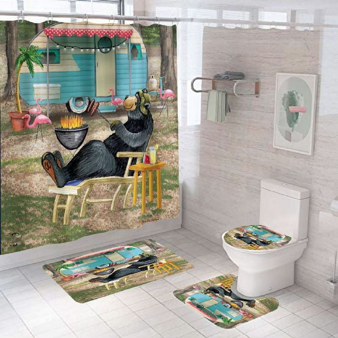 Funny Brown Bear Bath Mat Toilet Cover Rugs Shower Curtain Bathroom Decor 