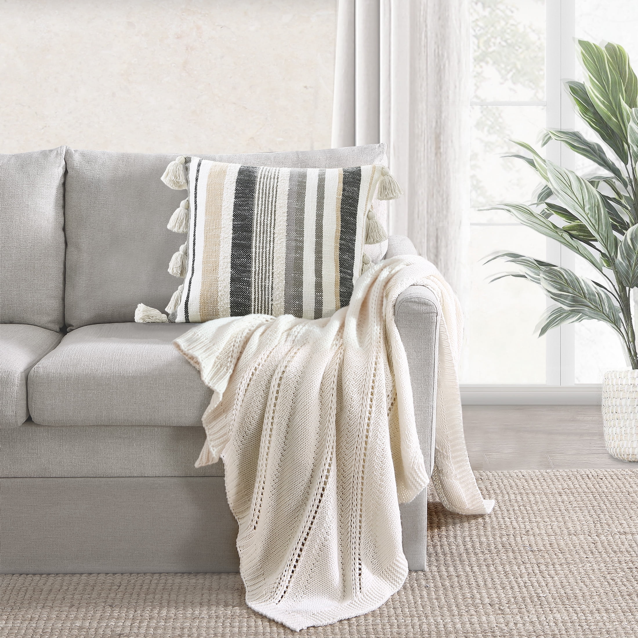 Better Homes & Gardens, Multi Stripes & Tassels Decorative Pillow, Square, 20" x 20", Neutral, 1 Piece
