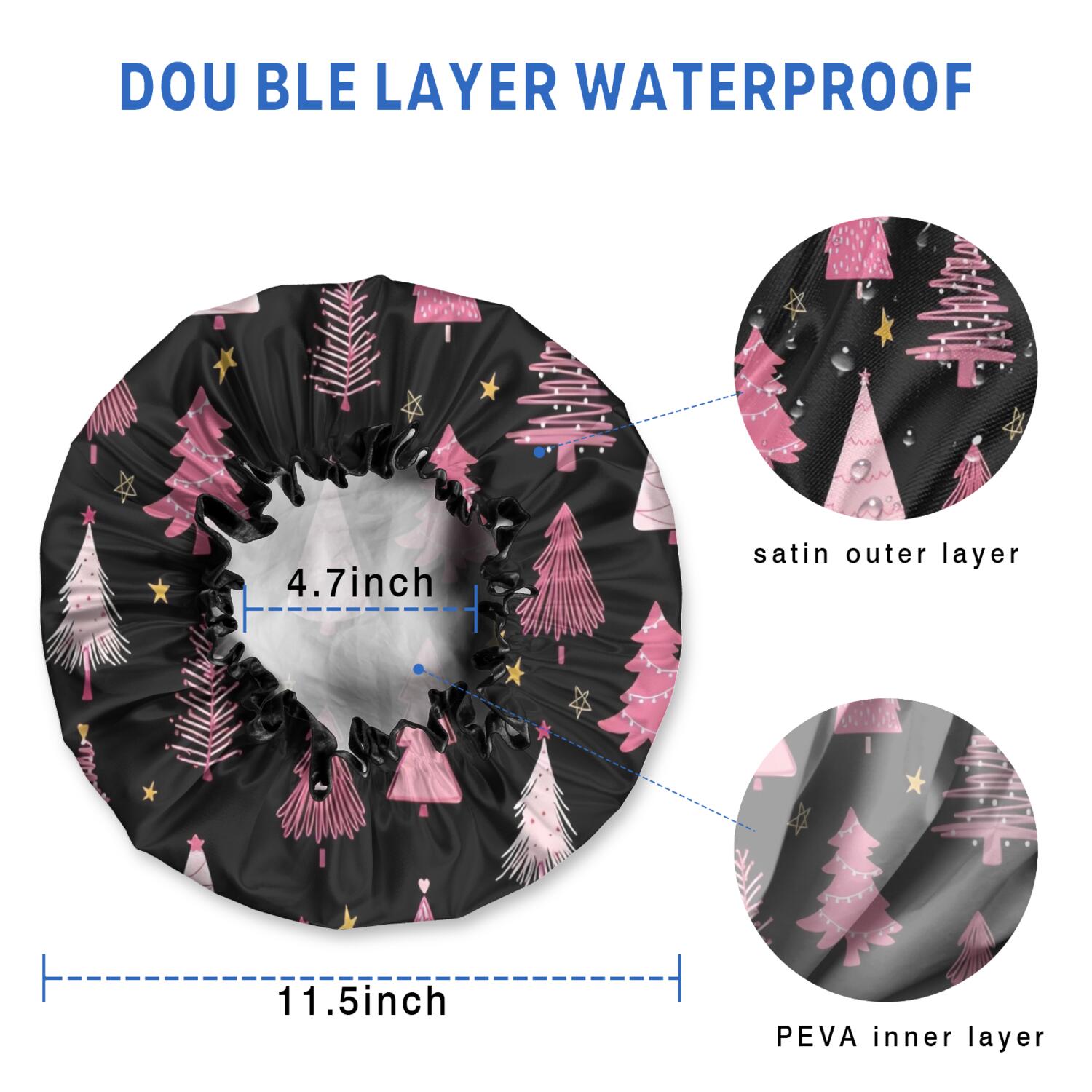 Shower Caps,Black and Pink Christmas Tree Pattern Waterproof Shower Cap for Women 4 Pieces,Double Reusable Hair Cover for Shower PEVA Elastic Stretch Hem
