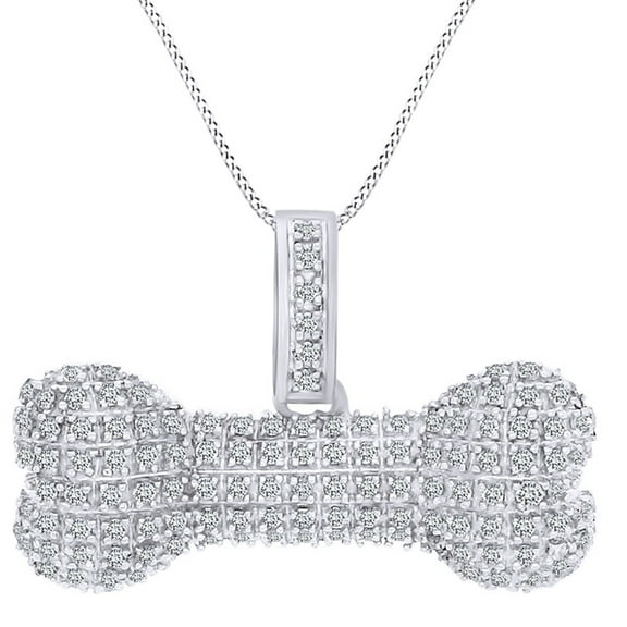 AFFY 0.50 Carat Round Shape White Natural Diamond Dog Bone Pendant Necklace 10K Solid White Gold