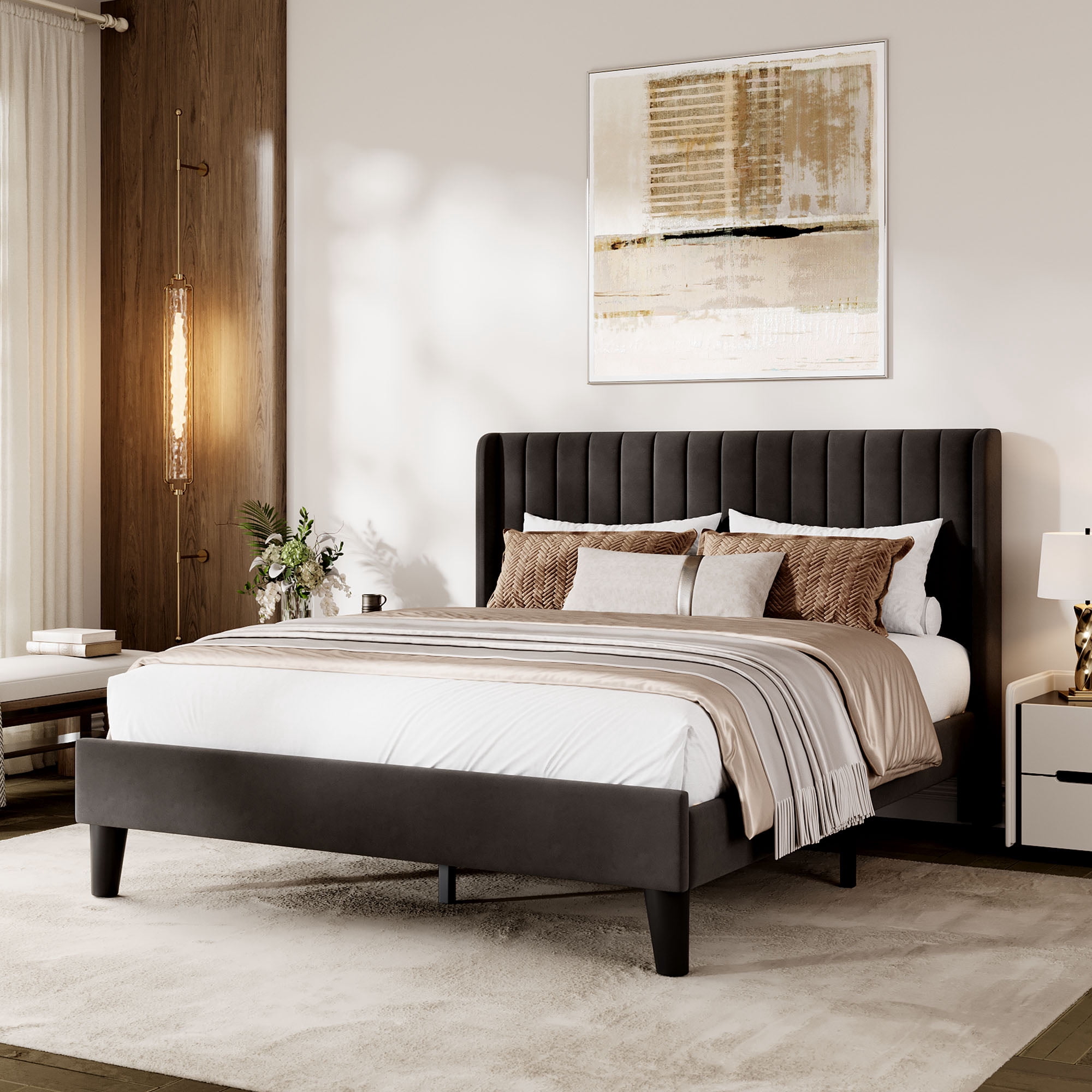 Soft Upholstered Platform Bed Frame - Queen Size - Vertical Channel Tufted Wingback Headboard - Heavy Duty Wooden Slats - No Box Spring Needed - Modern Bedroom Furniture - Easy Assembly
