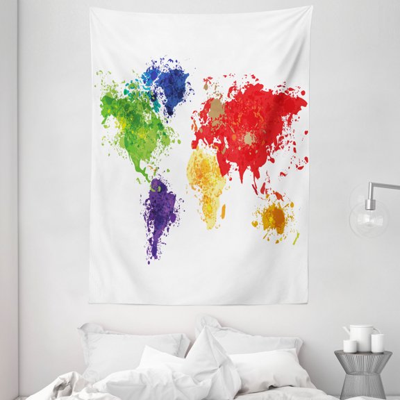Map Decor Tapestry, Abstract Colorful World Map Illustration on White Background Print , Wall Hanging for Bedroom Living Room Dorm Decor, 60W X 80L Inches, Red Purple and Yellow, by Ambesonne