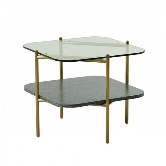 HomeRoots 487355 20 in. Glass & Metal Square End Table with Shelf, Gold & Clear