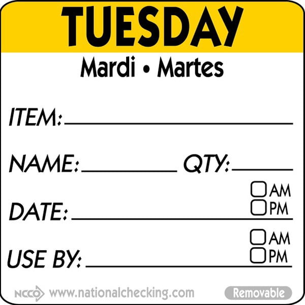 National Checking Company DateIt Square Tuesday Mardi Martes Day of the Week Dissolvable Printed Removable Label Yellow | 500/Roll