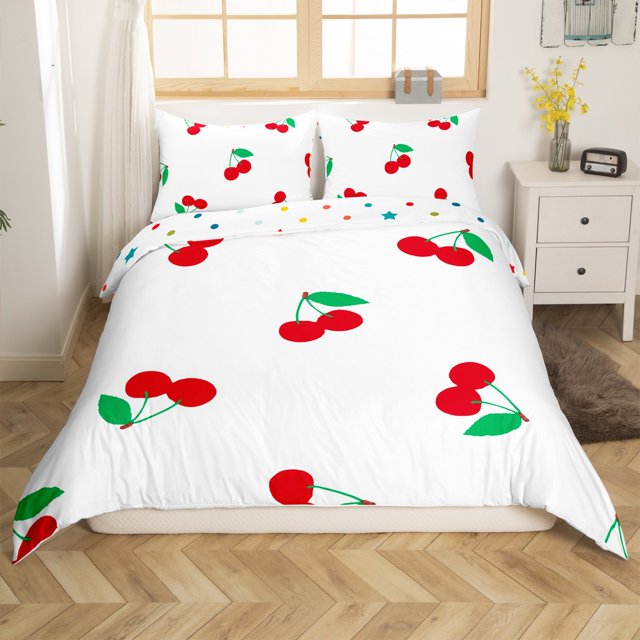 Erosebridal Housse de Couette Cerise Rouge Simple, Literie Fruit de Dessin Animé Taille Simple, Décoration Kawaii, Réversible, 2 Pcs (Sans Couette)
