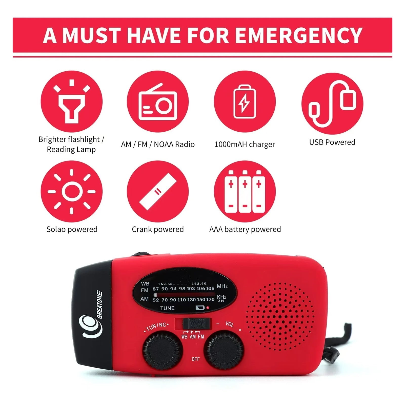 Multifunctional Hand Crank Power Generation Emergency Radio Solar Disaster Prevention FM AM WB NOAA USB LED Flashlight
