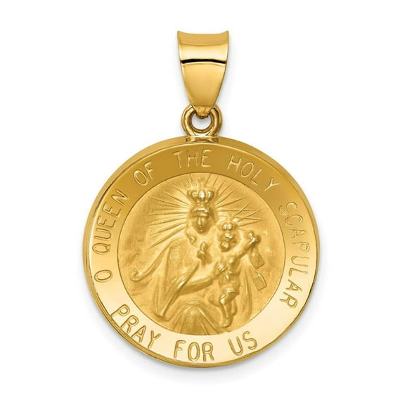 14K Polished and Satin Hollow Queen Of The Holy Scapular Medal Reversible Round Pendant XR1266