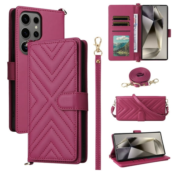 Wallet Case for Samsung Galaxy S25 Ultra with Wrist Strap, Crossbody Shoulder Strap, Card Slots Purse, Luxury PU Leather Kickstand Cell Phone Cover Maagnetic Closure for Galaxy S25 Ultra, Rose