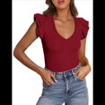 thumbnail image 3 of Camiseta de Verano para Mujer, con Cuello en V, Volantes, Sin Mangas, Corte Entallado, Color Vino Tinto M, 3 of 7