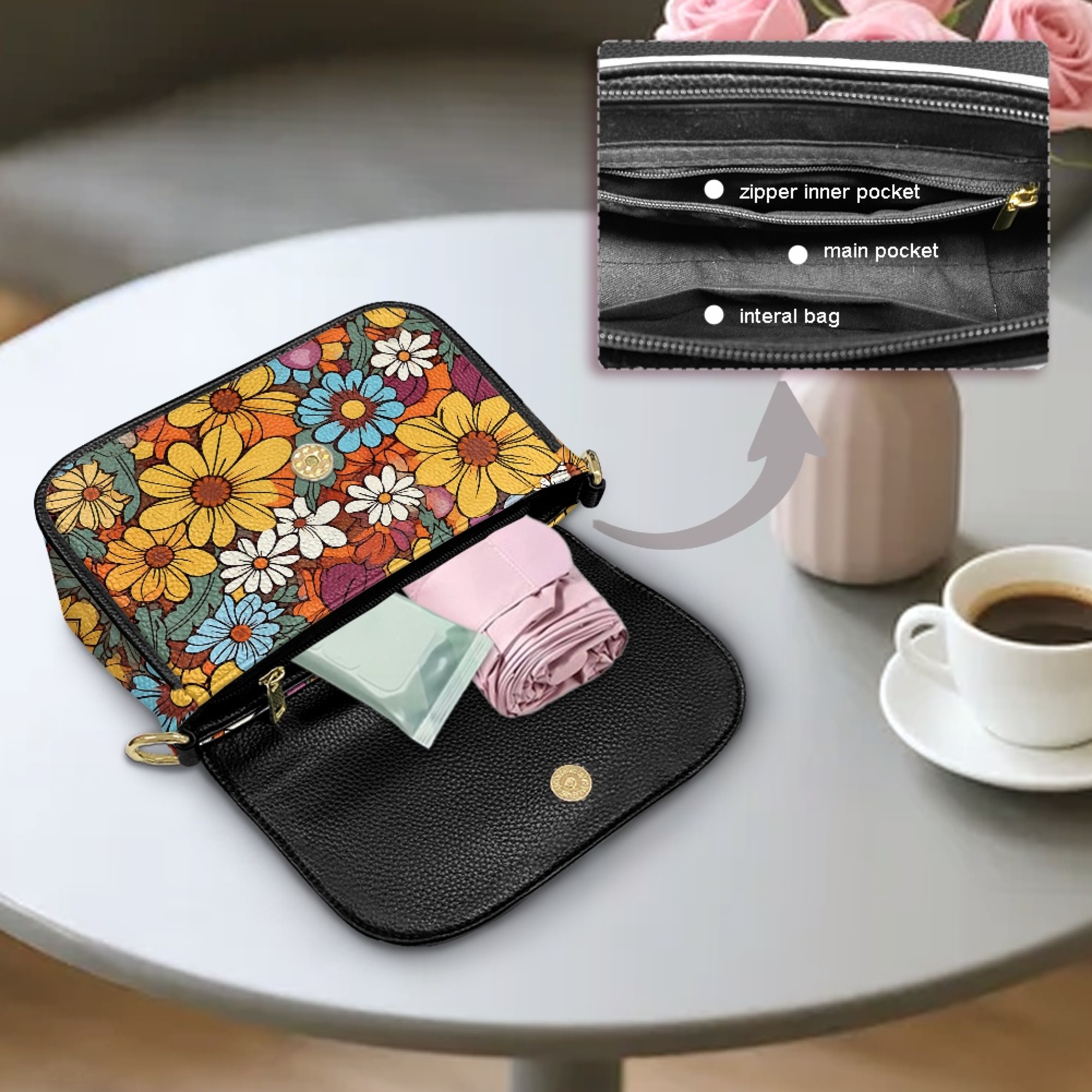 TSOVTHRID Colorful Daisy Print Crossbody Bags for Women Trendy Crossover Shoulder Bag PU Leather Shoulder Handbags Purses for Women with Adjustable Wide Strap