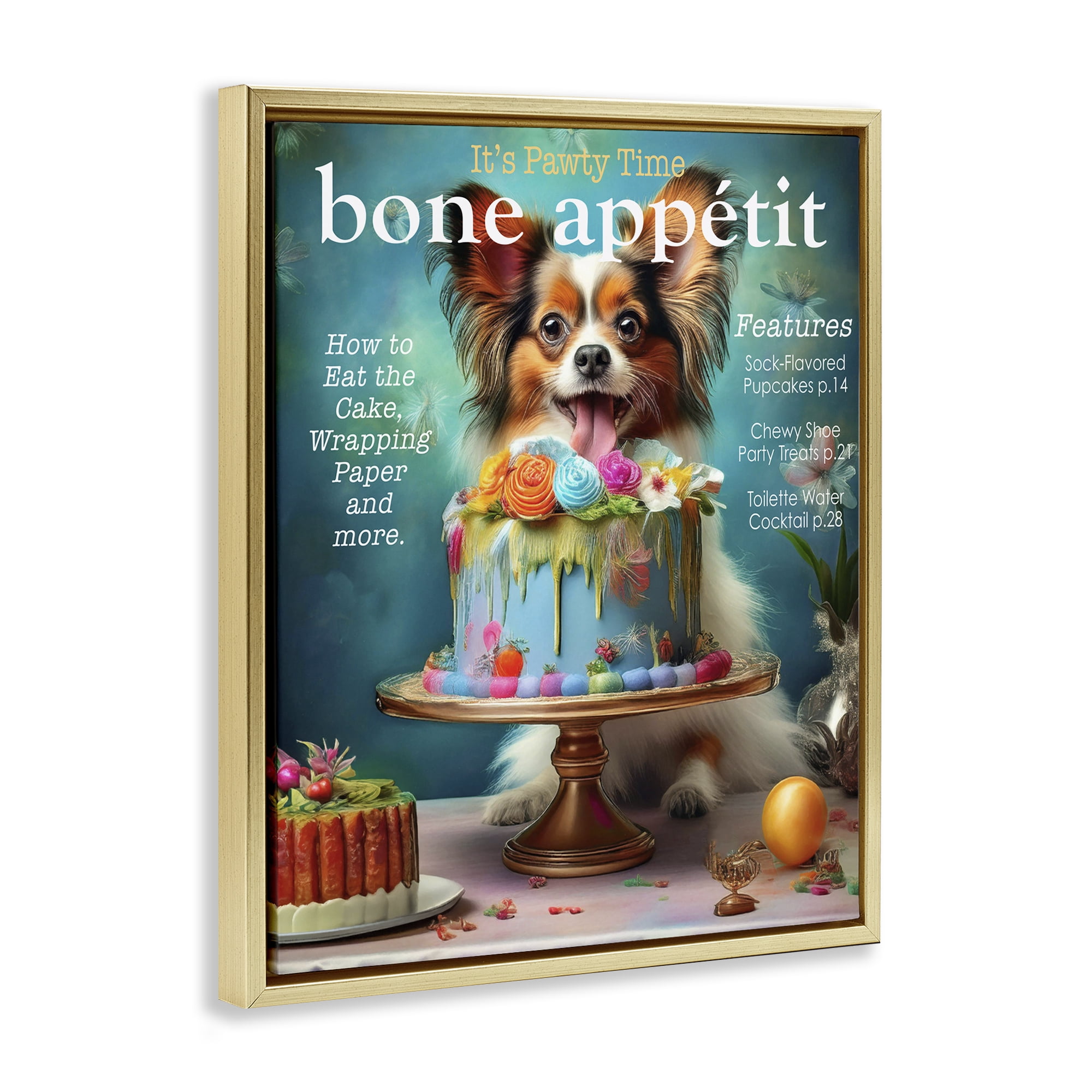 Stupell Industries Bone Appetit Dog Magazine Parody Gold Framed Floater Canvas Wall Art, design by Grotto Studios
