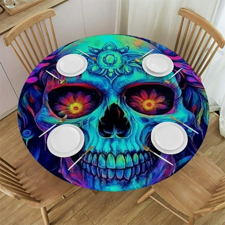 

Patifu Skull Psychedelic Flower Round Tablecloth Stain-Resistant Washable 100% Polyester Outdoor Picnic Camping Indoor Kitchen Dining Party Elastic Edge 31 -35