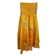 Mogul Womens Yellow Vintage Silk Sari Two Layer Printed Recycled TWO In ONE Dress And Maxi Skirts