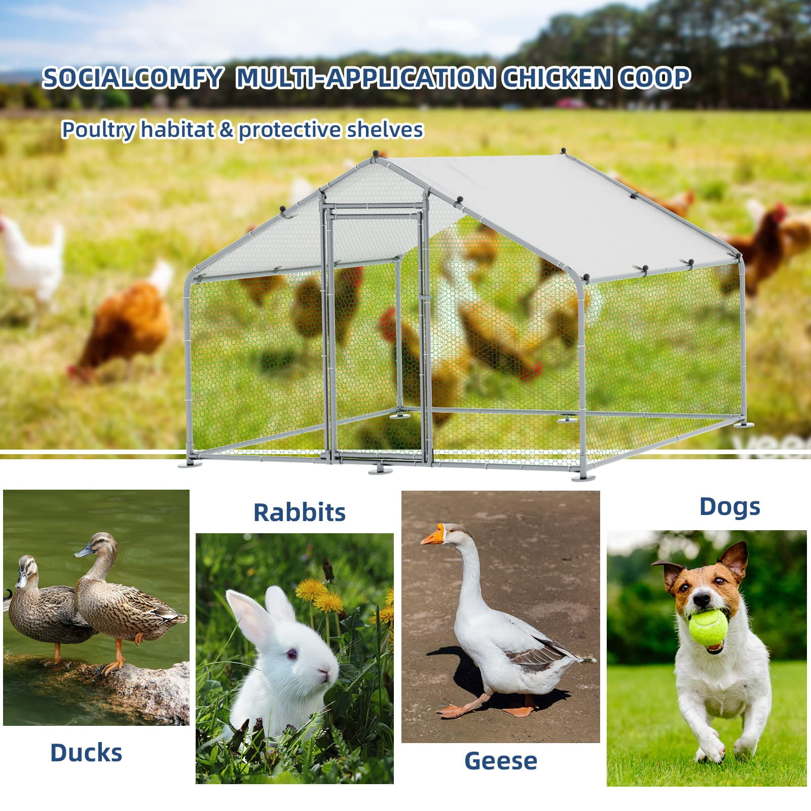 Large Metal Chicken Coop Walk-in Poultry Cage Hen Run House Duck House Rabbits Habitat Cage Spire Shaped Coop with Waterproof and Anti-Ultraviolet Cover for Outdoor Backyard Farm Use
