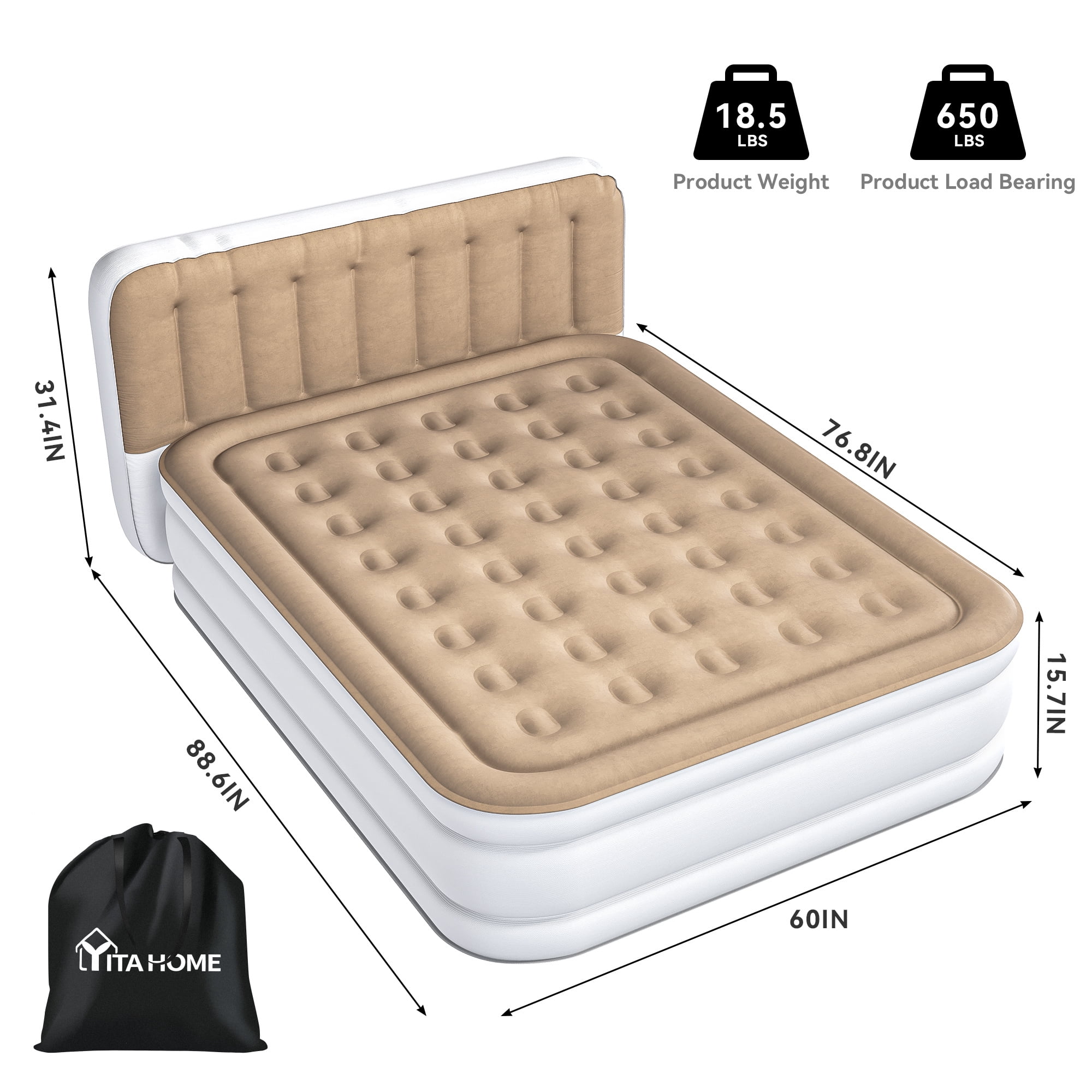 Uforic Queen Size Air Mattress with Pump and Headboard, 18in Luxury Flocked Top Blow up Mattress, Durable Inflatable Mattress for Home & Guest, Brown AirBed