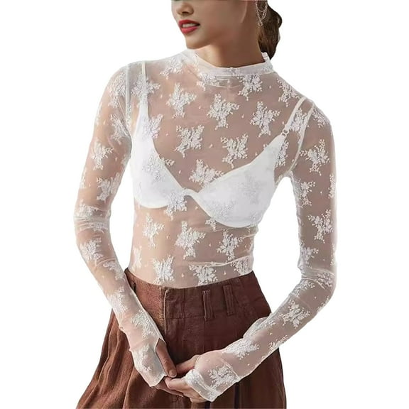 Dyfzdhu Long Sleeve T-shirt For Women Lace Undershirt Lace Long Sleeve Tops For Mesh Top Thumb Hole See Through Pullover Blouses Casual Top