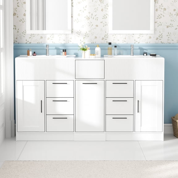 Advwin 60" Double Sink Bathroom Vanity with Ceramic Basins, Modern Freestanding Bathroom Storage Cabinet with 7 Drawers & Soft-Close Doors, White