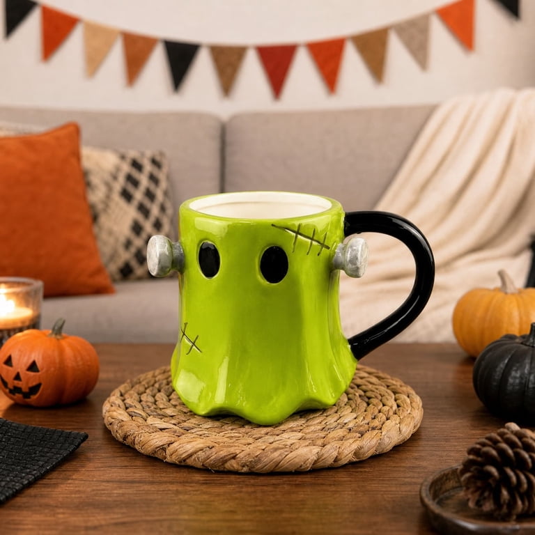 3D Frankenstein Ghost Ceramic Coffee Mug, Stitched Green Monster