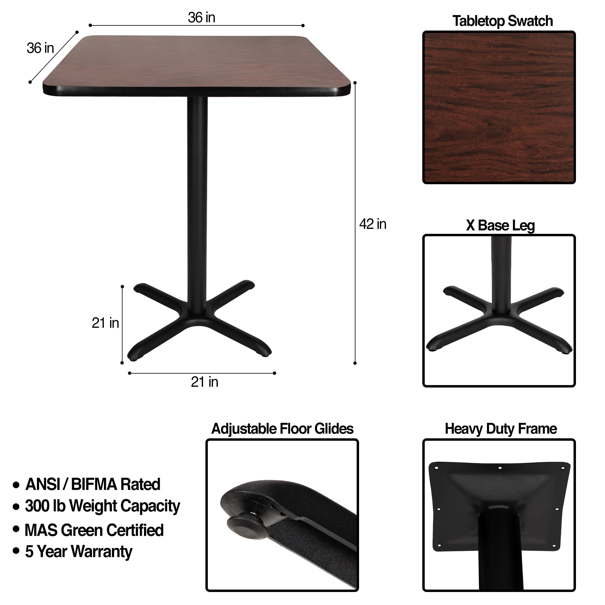 Hampden Furnishings Bennet Collection Steel Frame 36" Square Top, X Base, 42" Height Cafe Table, Black Frame/Mahogany Top