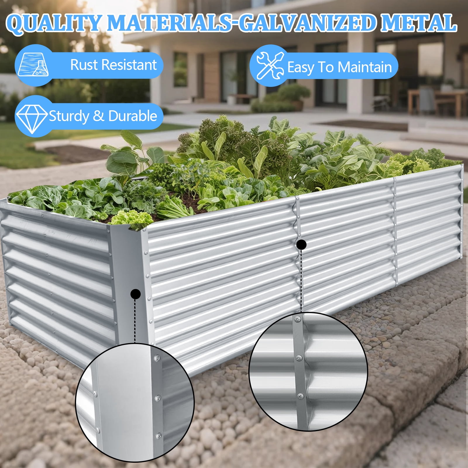 EVGTTI  8x4x2ft  Metal Galvanized Raised Garden Bed for Vegetables Flowers Ground Planter Box