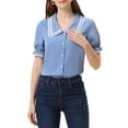 thumbnail image 1 of INSPIRE CHIC Women's Sweet Peter Pan Contrast Collar Short Sleeves Button Up Blouse Tops S Grey Blue, 1 of 6