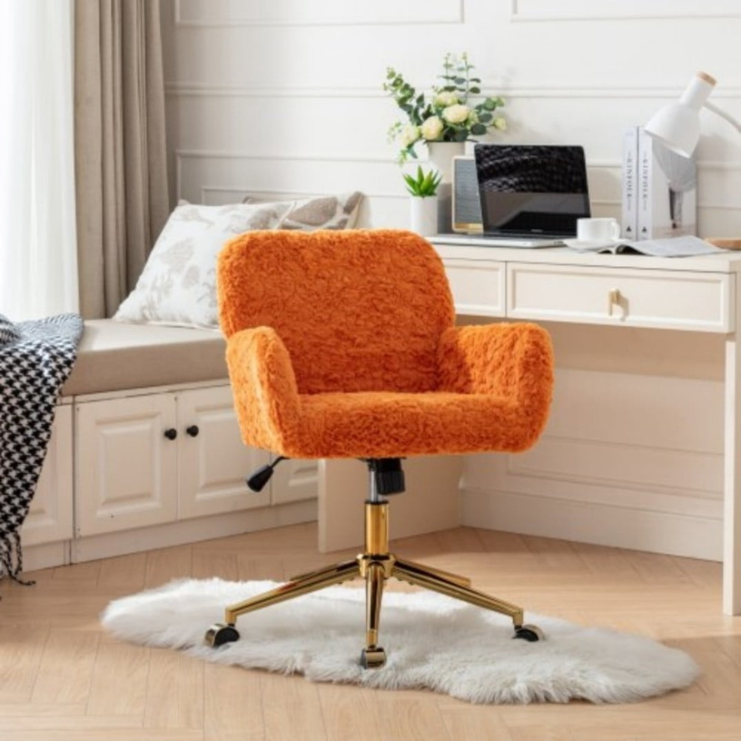 Office Chair, Faux Rabbit Fur Home Office Desk Chair with Golden Metal Base, Adjustable Height, 360° Swivel Reclining Vanity Chair, Orange