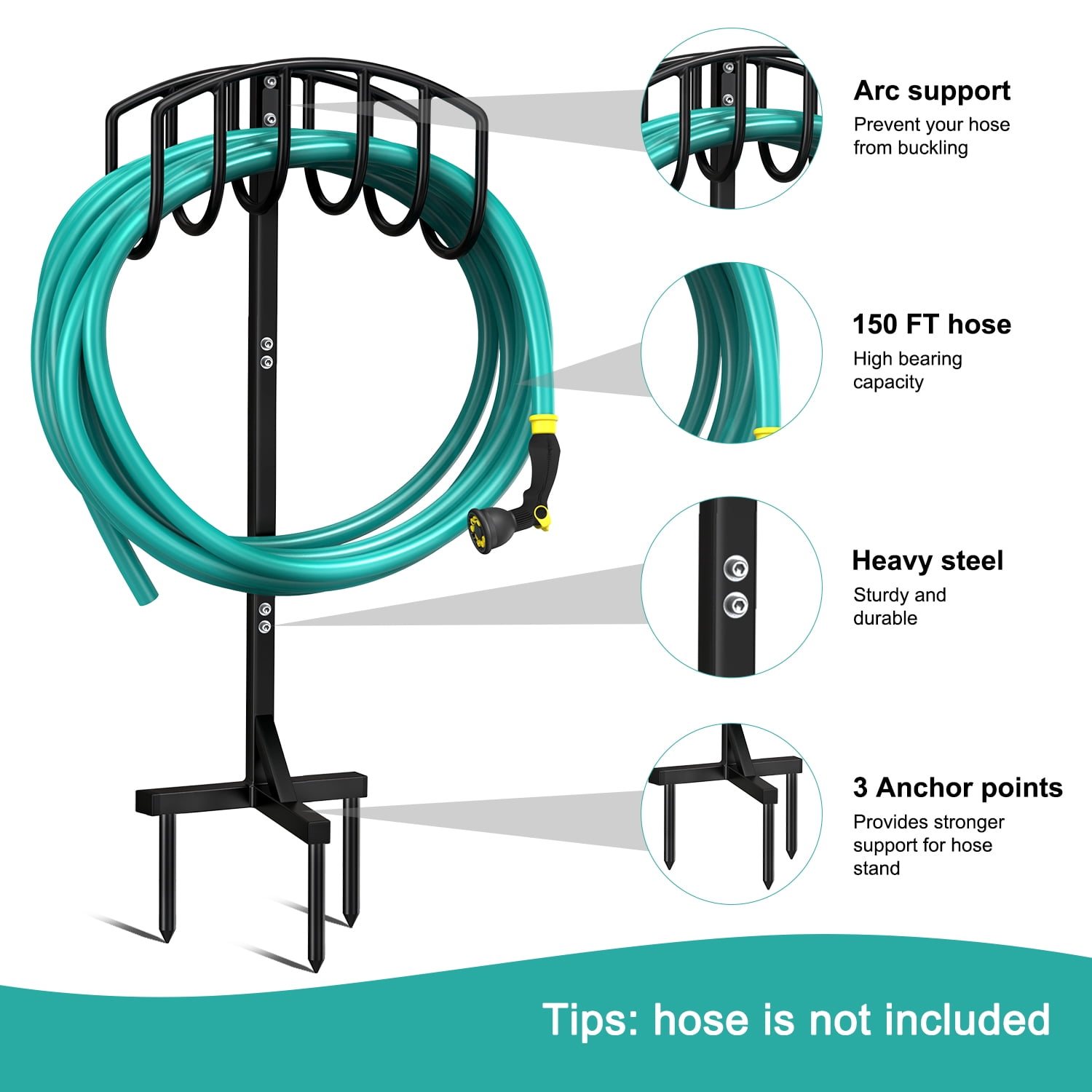 Garden Hose Holder, 3 Spikes Freestanding Outdoor Hose Stand, Heavy Duty Water Hose Holder Rack and Storage Organizer for Lawn/Yard/Garden