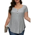 thumbnail image 3 of Fancyglim Womens Short Sleeve Tunic Button Up TShirts Soft Blouses Tops (Grey, L), 3 of 8
