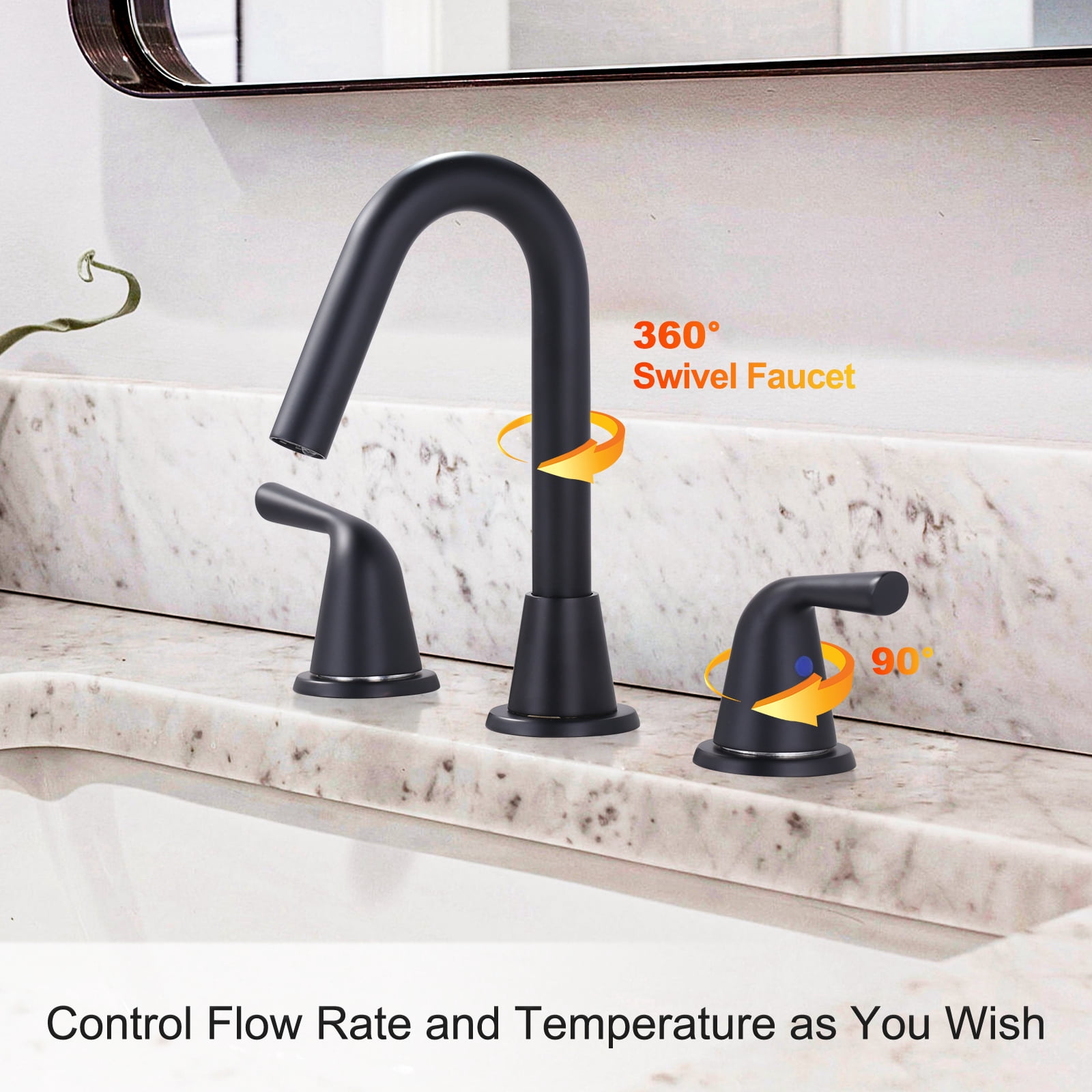 WOWOW Widespread Bathroom Faucets for Sink 3 Hole Matte Black, 8 inch Bathroom Faucet with Pop Up Drain Assembly and Water Supply Lines 2 Handle 360° Swivel Spout Basin Faucets for Vanity Lavatory