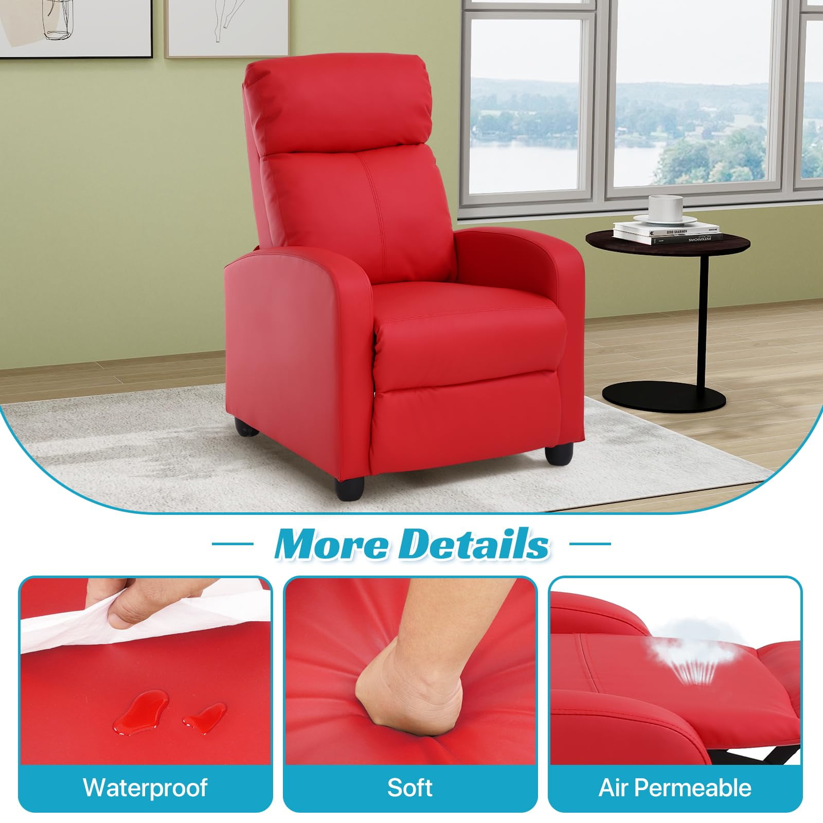 NiamVelo Recliner Chair for Adults, PU Leather Recliner Sofa with Lumbar Support, Adjustable Modern Reclining Chair with Padded Seat Backrest for Home, Living Room, Theater （Red）